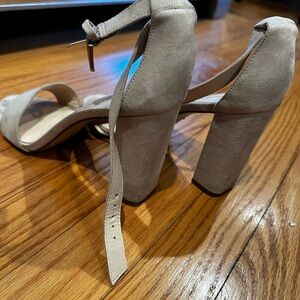 Tan Block Heel Suede Sandals with Ankle Strap